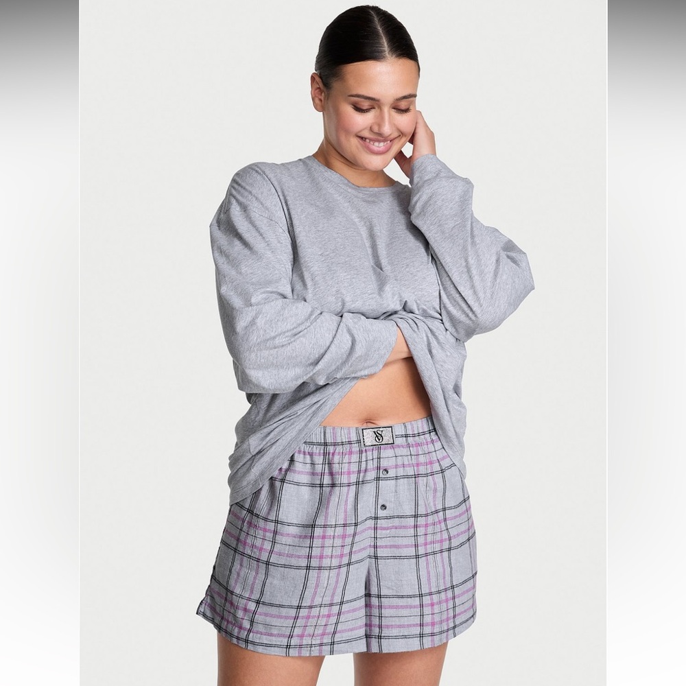 NWT Victoria's Secret Gray Flannel Long-Sleeve Short Tee-Jama Set